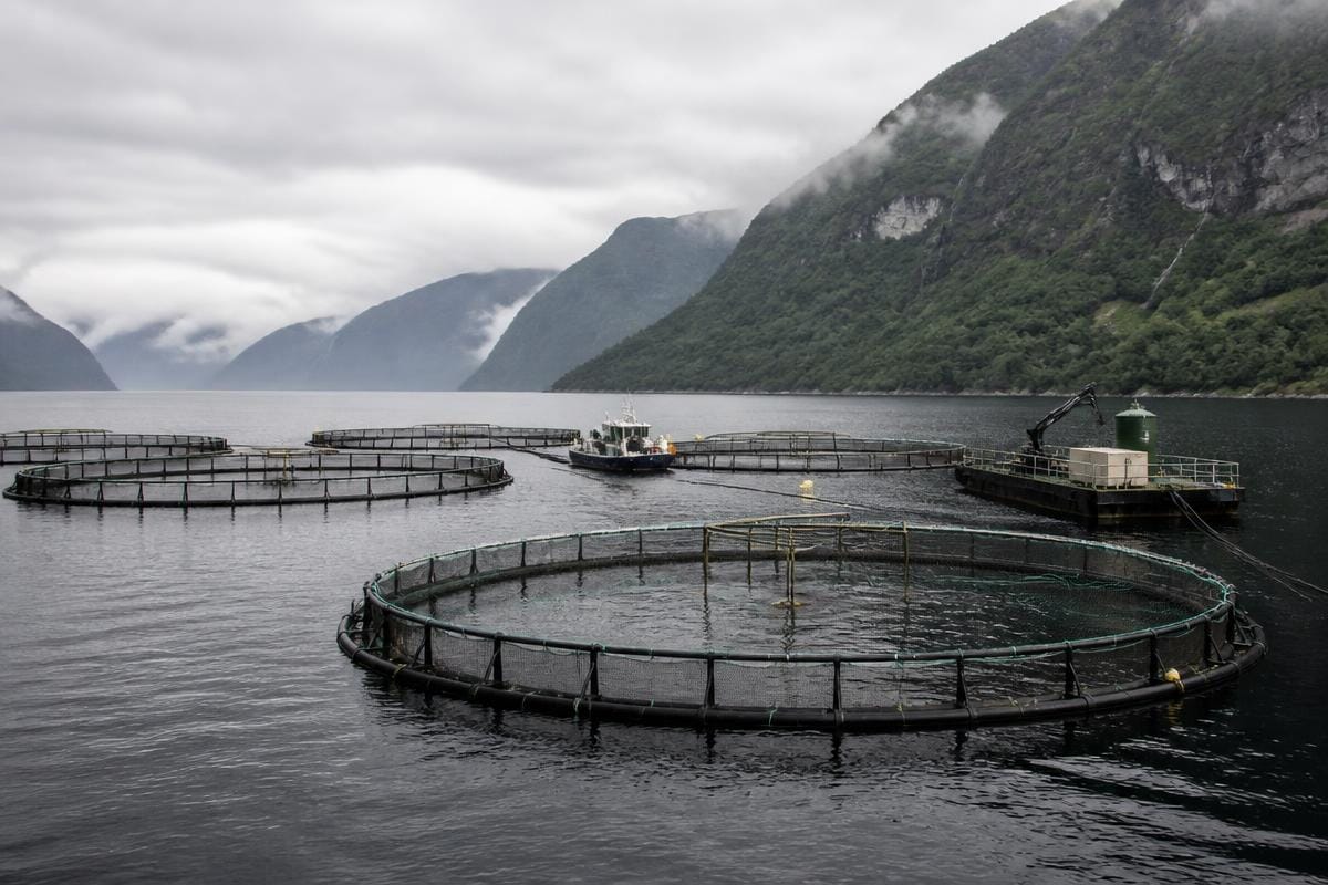 Gekweekte zalm in een zalmkwekerij in een fjord