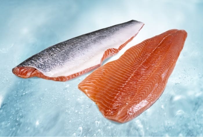 Filets de saumon atlantique avec et sans peau sur glace